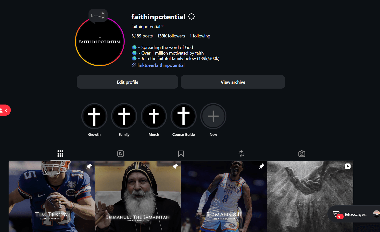 Faith In Potential Instagram profile showing 139K followers and 3,189 posts