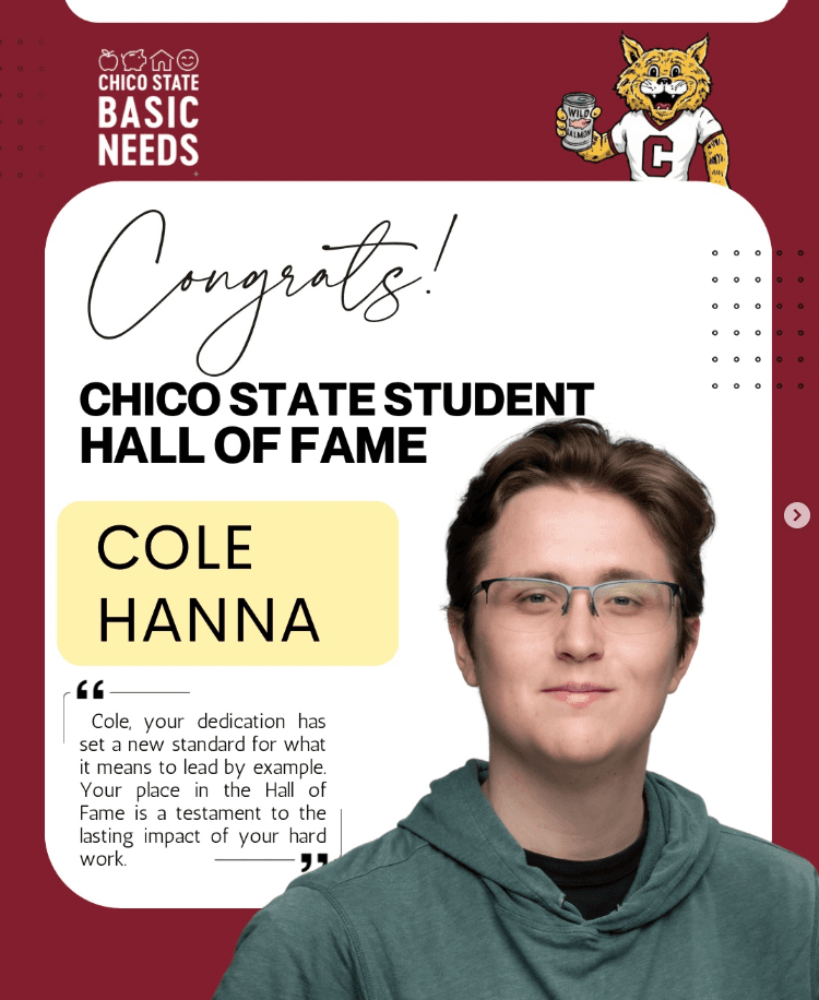 Chico State Basic Needs Student Hall of Fame congratulations post I designed, featuring a student honoree