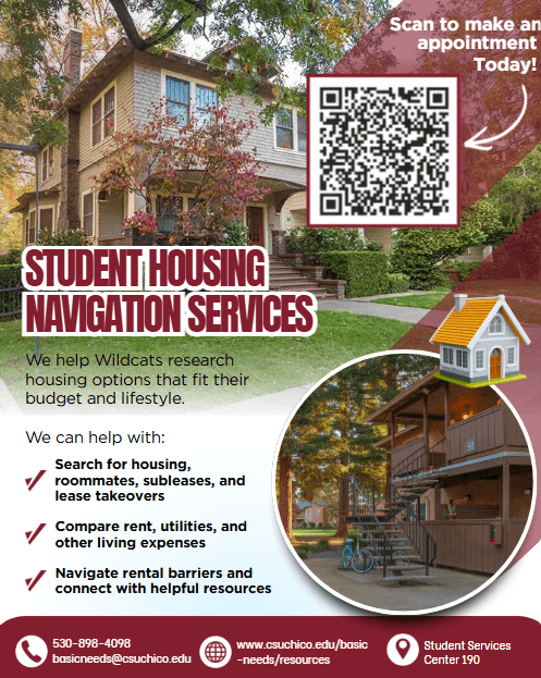 Student Housing Navigation Services flyer designed for the Basic Needs Center, with contact info and a QR code to book an appointment