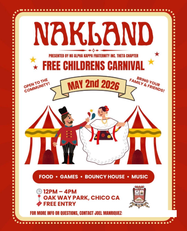 NAKLAND flyer for a free community childrens carnival hosted by Nu Alpha Kappa Theta Chapter