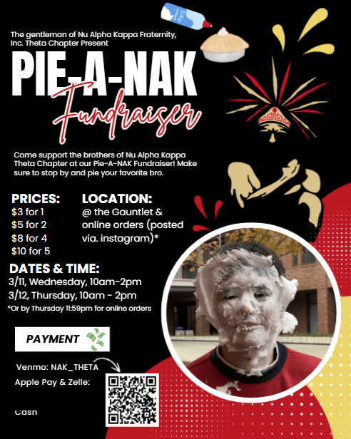 Pie-A-NAK fundraiser flyer for Nu Alpha Kappa Theta Chapter with pricing and payment details