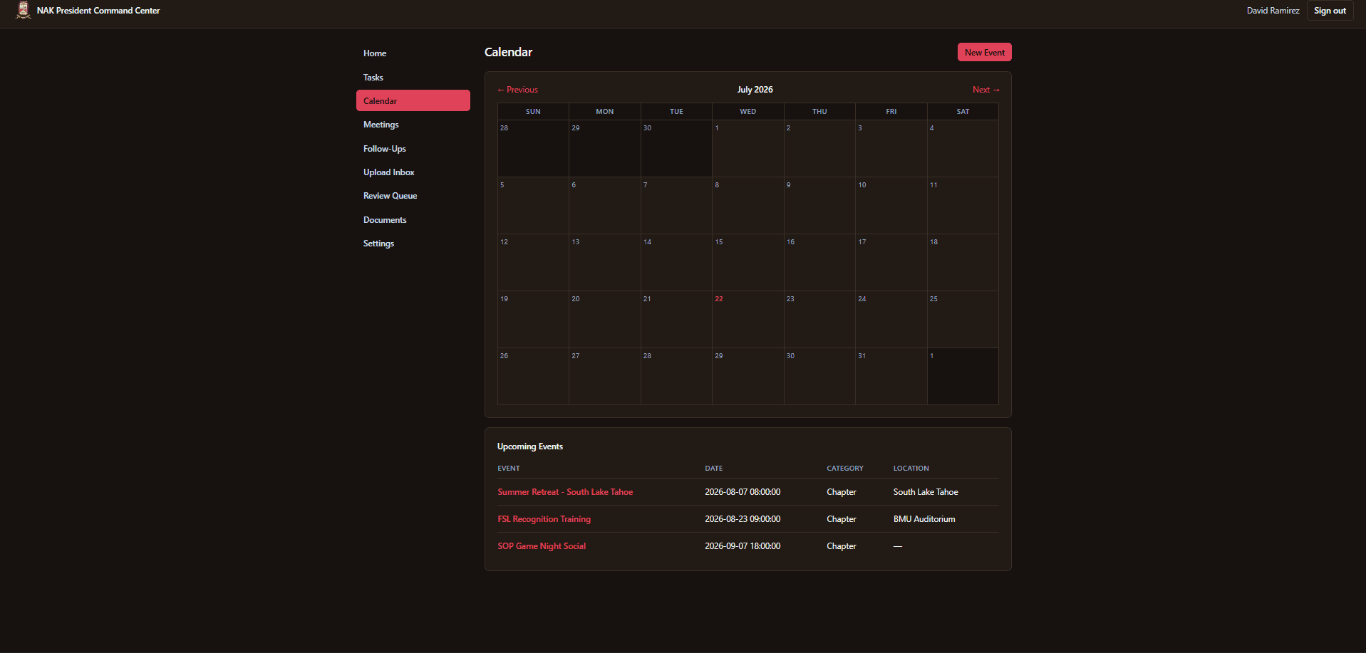 NAK President Command Center calendar month view with upcoming events list