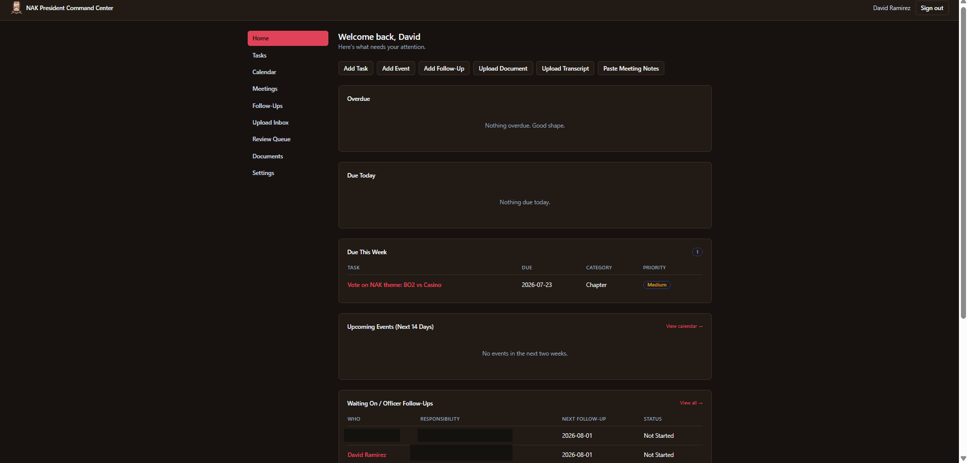 NAK President Command Center home dashboard showing overdue tasks, due this week, upcoming events, and officer follow-ups