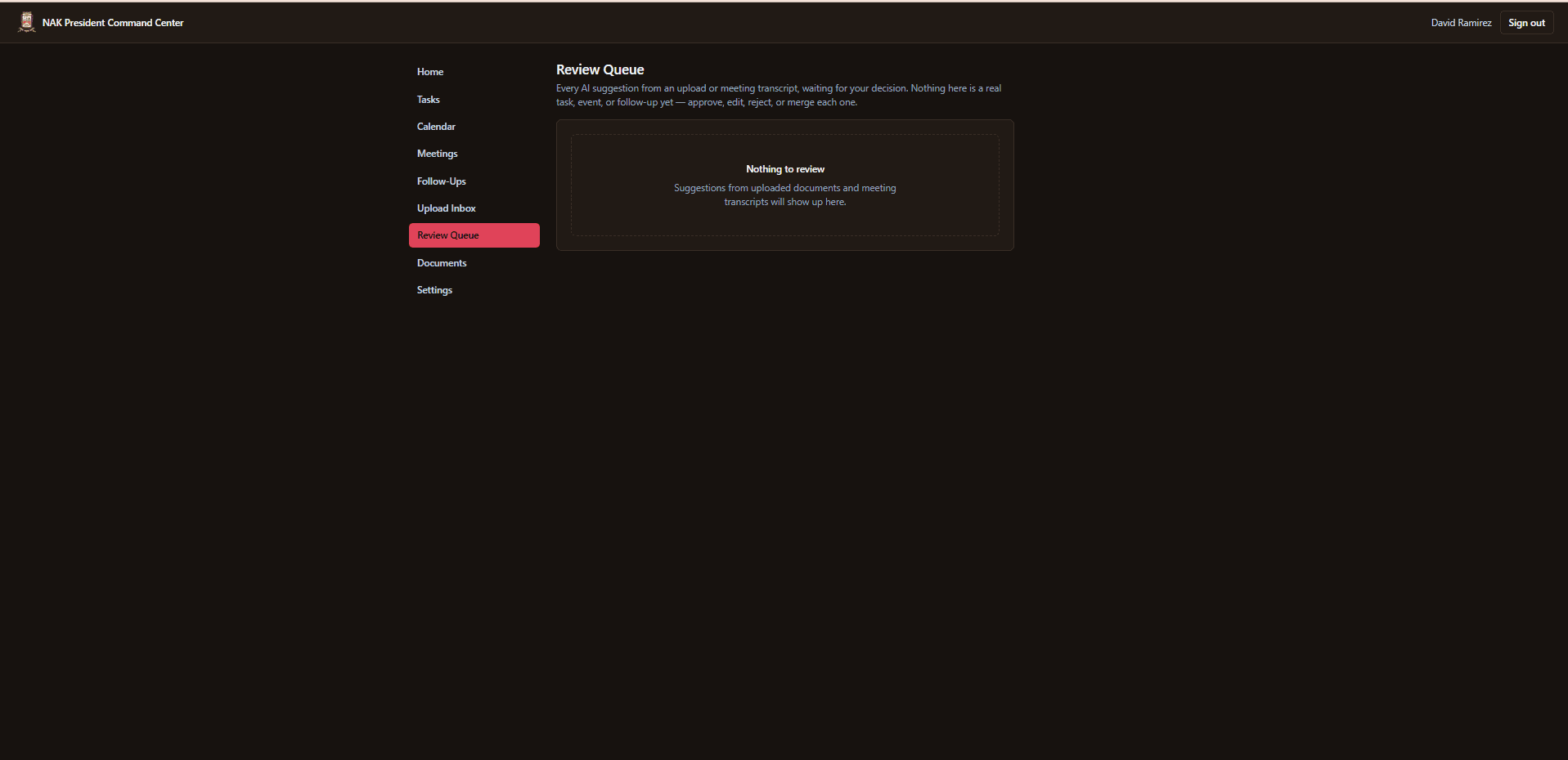 NAK President Command Center review queue, empty state