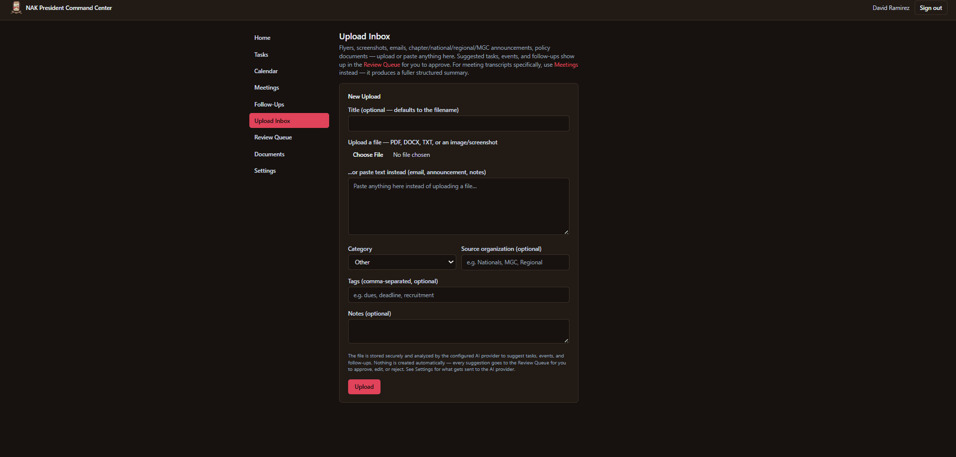 NAK President Command Center upload inbox form for documents, screenshots, or pasted text
