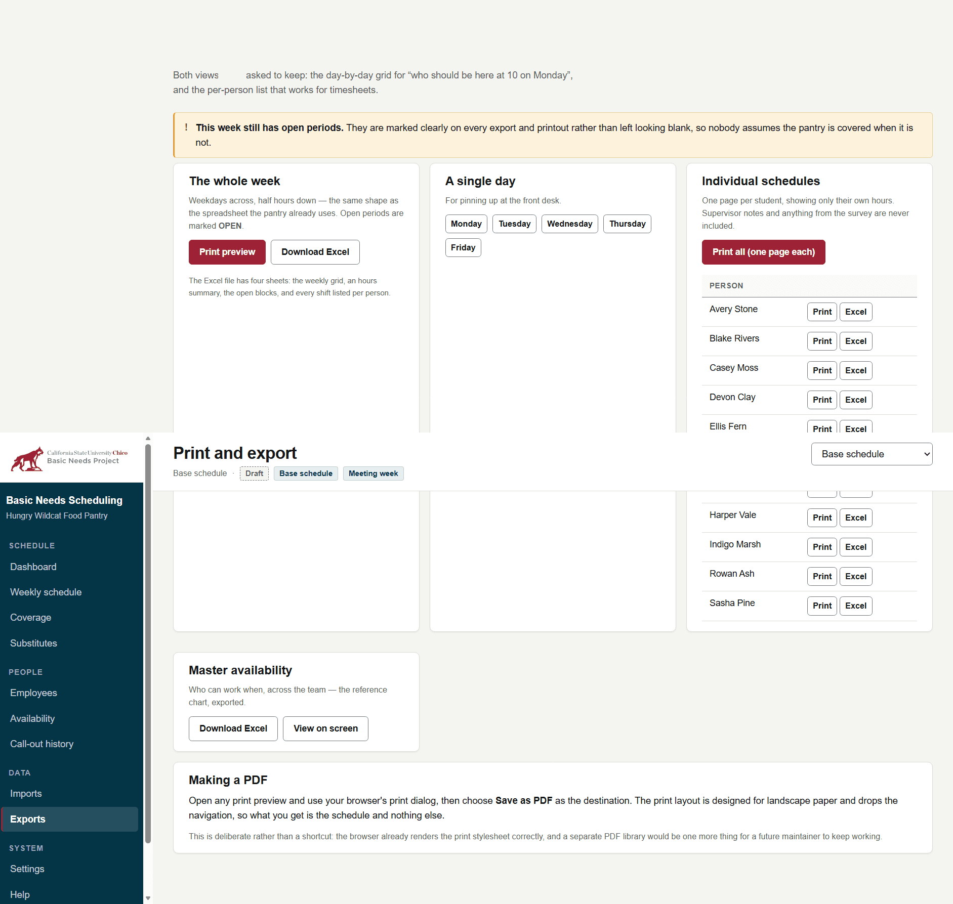 Print and export screen showing weekly grid, day sheet, and per-student schedule options