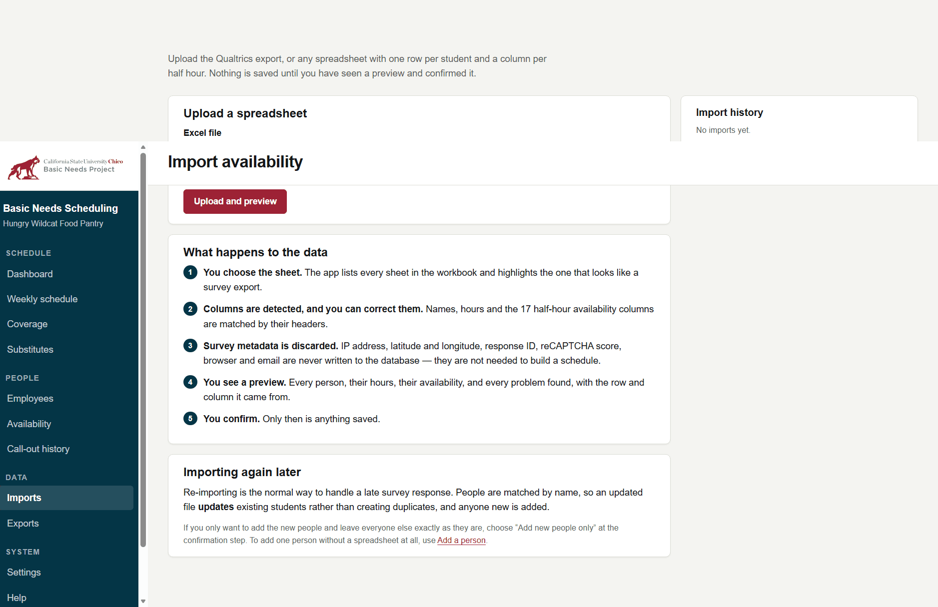 Import availability screen explaining how survey metadata is discarded before anything is saved